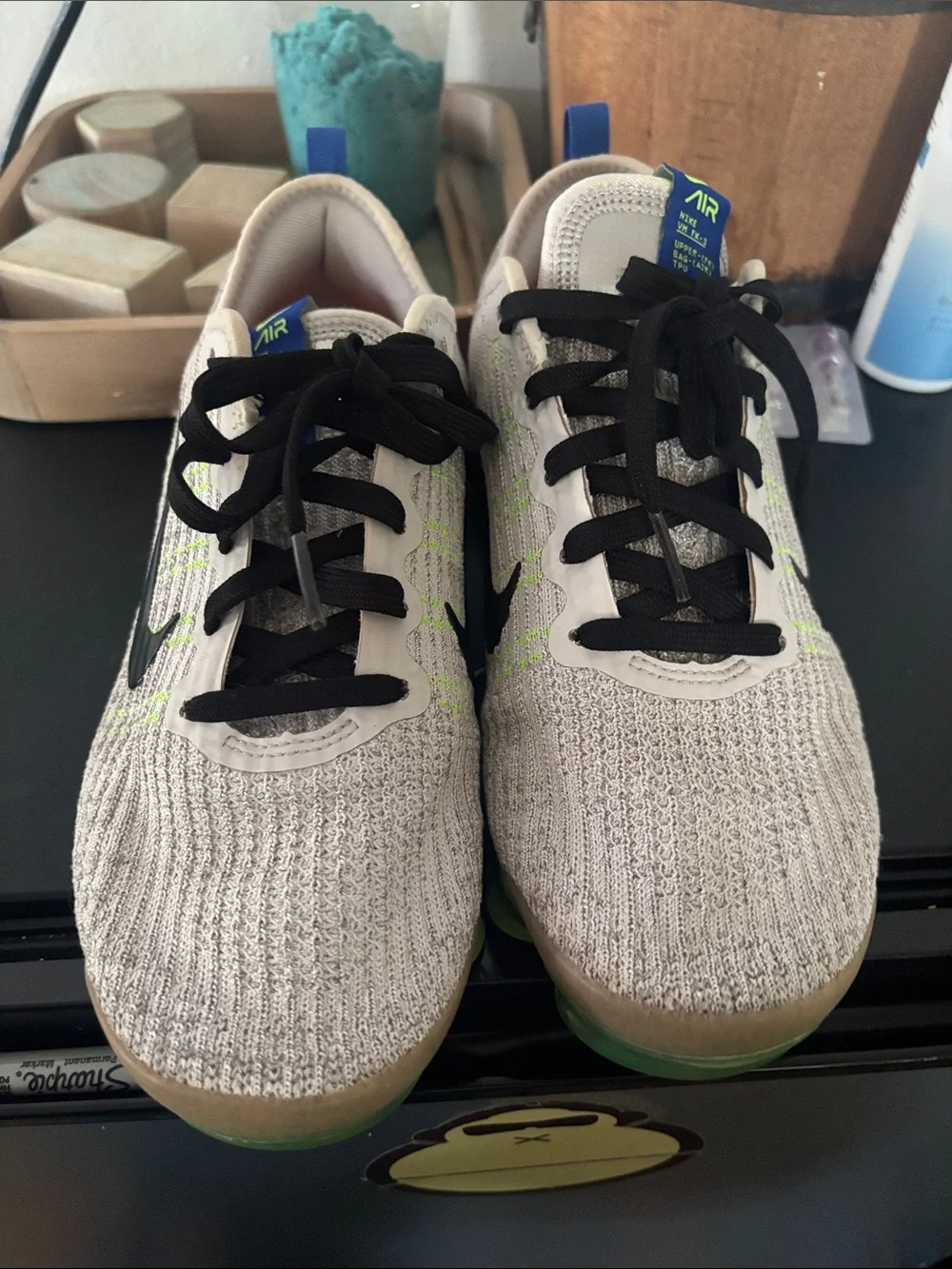 Nike Kids Gray Flyknit Sneakers with Black Swoosh and Green Air Pods